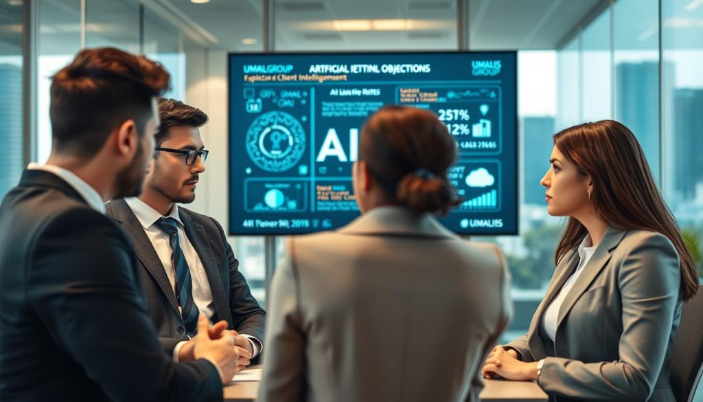 A professional business meeting scene, depicting a thoughtful discussion about the implications of artificial intelligence on client billing rates. In the foreground, a diverse group of three business professionals in suits—one male, one female, and one non-binary—are engaged in conversation. The middle ground features a large digital screen displaying AI-related graphics and data points, symbolizing the ongoing impact of AI on business. The background includes a modern office with glass walls and a city skyline view. Soft, natural light filters in, creating an inviting, focused atmosphere. The overall mood is serious yet collaborative, reflecting the importance of understanding clients' objections. Include the brand name "UMALIS GROUP" subtly in the corner of the digital screen.