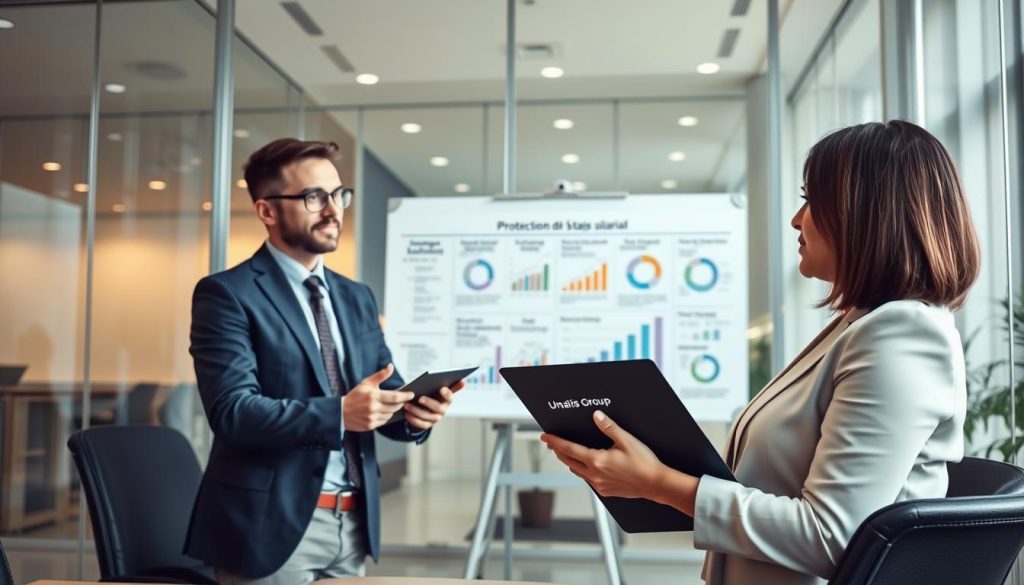 A professional business meeting scene depicting the concept of "Protection sociale portage salarial". In the foreground, two business professionals, a man and a woman, are engaged in a discussion, both dressed in smart business attire. The woman holds a folder with the brand name "Umalis Group" visibly displayed, symbolizing the support system of portage salarial. In the middle ground, a large whiteboard filled with graphs and benefits related to portage salarial is visible, suggesting analysis and strategic planning. The background features a modern office environment with glass walls, soft, diffused lighting to create a collaborative atmosphere. The angle is a dynamic slightly elevated view, offering a comprehensive sight of the meeting, conveying a mood of professionalism and focus on the advantages of this employment model.