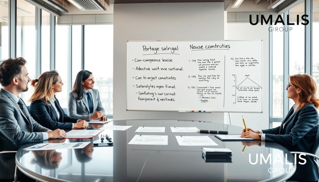 A professional business meeting scene depicting the concept of "portage salarial" and "non-concurrence clause." In the foreground, a diverse group of three business professionals in smart business attire are engaged in discussion around a sleek conference table, with charts and documents depicting contractual elements. In the middle ground, a large whiteboard displays key points about the non-concurrence clause, illustrated with bullet points and diagrams for clarity. The background shows a modern office space with large windows allowing natural light to flood in, creating a professional yet approachable atmosphere. A subtle logo of "UMALIS GROUP" is placed in the corner, blending seamlessly into the design. The image should evoke a sense of collaboration, professionalism, and clarity in business relations. A professional business meeting scene depicting the concept of "portage salarial" and "non-concurrence clause." In the foreground, a diverse group of three business professionals in smart business attire are engaged in discussion around a sleek conference table, with charts and documents depicting contractual elements. In the middle ground, a large whiteboard displays key points about the non-concurrence clause, illustrated with bullet points and diagrams for clarity. The background shows a modern office space with large windows allowing natural light to flood in, creating a professional yet approachable atmosphere. A subtle logo of "UMALIS GROUP" is placed in the corner, blending seamlessly into the design. The image should evoke a sense of collaboration, professionalism, and clarity in business relations.