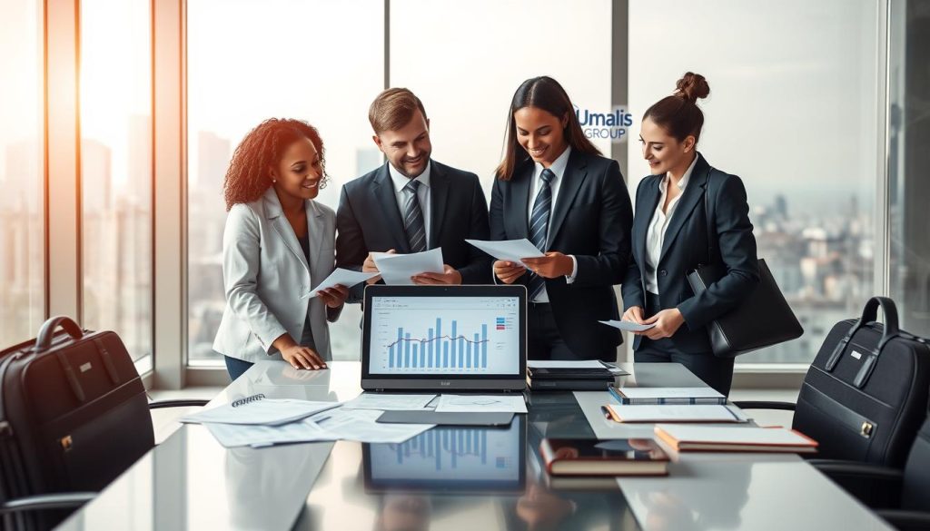 A professional business meeting scene featuring a diverse group of foreign professionals in smart business attire, discussing international assignment coverage under portage salarial. In the foreground, a multi-ethnic team of three individuals (a woman of African descent, a Caucasian man, and an Asian woman) is surrounded by documents and a laptop displaying graphs and data. In the middle ground, a large conference table with a modern design is filled with briefcases and notebooks. The background shows a large window with a city skyline, symbolizing global opportunities. Soft, natural lighting pours in, casting a warm glow that creates an inviting atmosphere. The Umalis Group logo is subtly incorporated into the background design, enhancing the professional environment without overt branding.