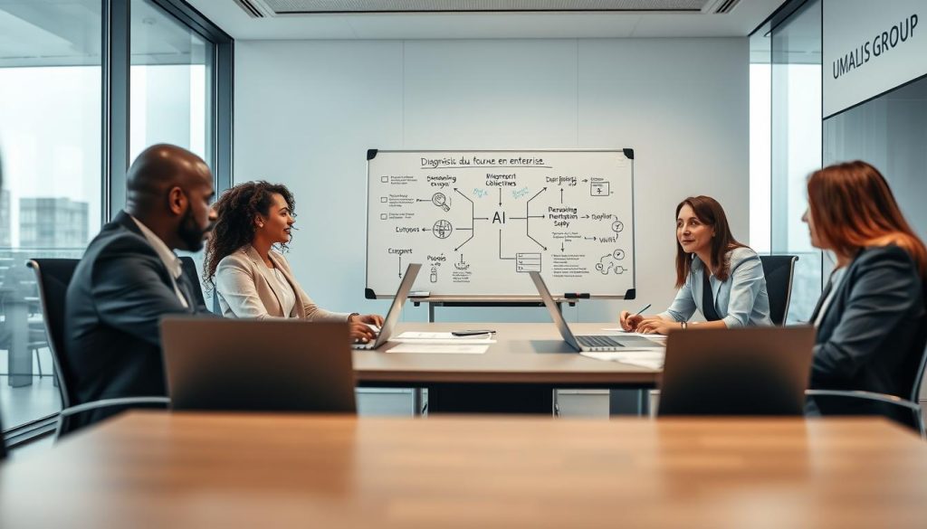A professional business meeting scene focused on "Diagnostic du besoin pour une mission en entreprise". In the foreground, a diverse group of four individuals, dressed in smart business attire, engaged in a discussion around a modern conference table with laptops and documents spread out. The middle layer features a whiteboard with diagrams and keywords related to AI project objectives, symbolizing brainstorming and discovery. In the background, a sleek office environment with large windows allowing natural light to pour in, creating a bright, welcoming atmosphere. The mood is collaborative and focused, suggesting an important decision-making process. Capture this scene with a shallow depth of field, emphasizing the participants while softening the background details. Include the subtle branding of "UMALIS GROUP" on the conference room wall, enhancing the professional context.