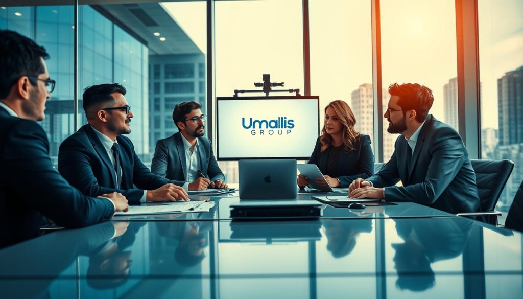 A professional business meeting scene focused on communication in the context of "portage salarial." In the foreground, a diverse group of three professionals—two men and one woman—are engaged in a serious discussion around a sleek conference table. They are dressed in smart business attire: the men in tailored suits, and the woman in a stylish yet professional dress. The middle ground features documents, laptops, and a digital projector displaying the brand name "Umalis Group." In the background, a large window provides a view of a bustling cityscape, with soft, natural lighting streaming in. The mood is focused and collaborative, capturing the essence of effective communication strategies in a modern working environment. Angle from a slightly elevated perspective, using a lens that enhances clarity and depth.