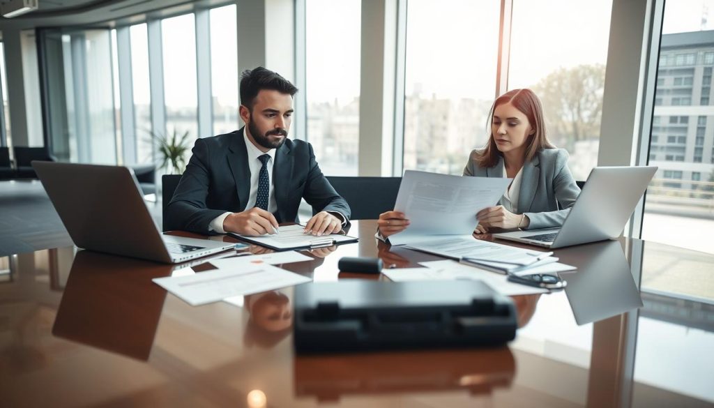 A professional business meeting scene focused on negotiation over a "portage salarial" contract. In the foreground, two individuals in smart business attire, a man and a woman, are seated at a sleek conference table, examining a contract with focused expressions. The middle ground features a laptop, digital tablet, and financial documents scattered across the table, emphasizing a serious discussion atmosphere. In the background, a modern office setting with large windows allowing natural light to stream in, providing a bright and optimistic mood. The camera angle is slightly elevated, capturing the action and intent of the negotiation. The overall atmosphere conveys professionalism, collaboration, and strategic planning.