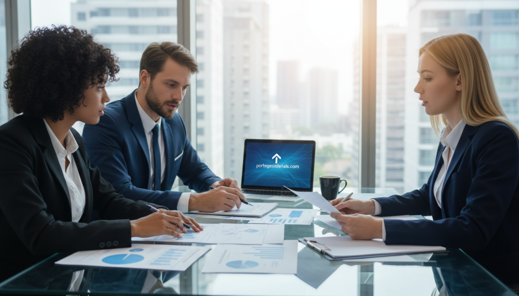 A professional business meeting scene focusing on "éligibilité portage salarial". In the foreground, a diverse group of three professionals in smart business attire, discussing documents and charts that symbolize career decisions. The middle layer features a sleek glass conference table with a laptop, papers, and a coffee cup, suggesting a productive environment. The background shows a modern office with large windows, bright natural lighting filtering through, adding an inspiring ambiance. The atmosphere is one of collaboration and decision-making, where diverse individuals reflect different career paths and aspirations. The overall color palette includes blues and greys, creating a calm yet dynamic mood. Include the logo of "portagesalarials.com" subtly on the laptop's screen without being intrusive. A professional business meeting scene focusing on "éligibilité portage salarial". In the foreground, a diverse group of three professionals in smart business attire, discussing documents and charts that symbolize career decisions. The middle layer features a sleek glass conference table with a laptop, papers, and a coffee cup, suggesting a productive environment. The background shows a modern office with large windows, bright natural lighting filtering through, adding an inspiring ambiance. The atmosphere is one of collaboration and decision-making, where diverse individuals reflect different career paths and aspirations. The overall color palette includes blues and greys, creating a calm yet dynamic mood. Include the logo of "portagesalarials.com" subtly on the laptop's screen without being intrusive.