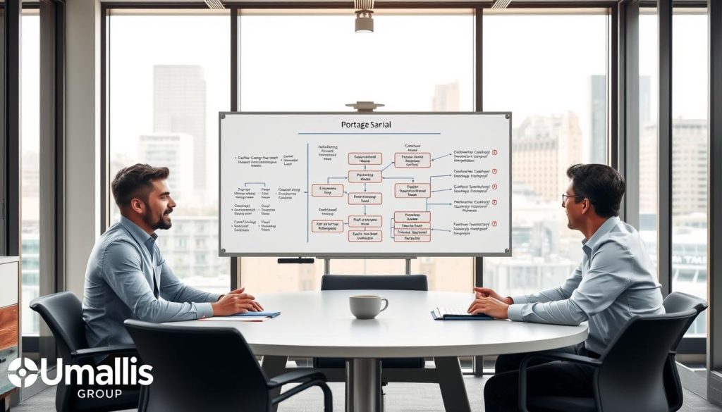 A professional business meeting scene illustrates the roles and responsibilities in a portage salarial framework. In the foreground, a diverse group of three individuals—two men and one woman—are engaged in a discussion around a modern conference table, dressed in smart business attire. The middle section shows a large whiteboard displaying flowcharts and key concepts related to portage salarial and its actors. In the background, large windows allow natural light to flood the room, creating a bright and inviting atmosphere, with cityscape views visible through the glass. The setting should evoke professionalism and collaboration, highlighting the complexities and dynamics of the relationships involved. The branding of "Umalis Group" is subtly integrated in the office decor, enhancing the focus on the theme without overwhelming the visual composition. A professional business meeting scene illustrates the roles and responsibilities in a portage salarial framework. In the foreground, a diverse group of three individuals—two men and one woman—are engaged in a discussion around a modern conference table, dressed in smart business attire. The middle section shows a large whiteboard displaying flowcharts and key concepts related to portage salarial and its actors. In the background, large windows allow natural light to flood the room, creating a bright and inviting atmosphere, with cityscape views visible through the glass. The setting should evoke professionalism and collaboration, highlighting the complexities and dynamics of the relationships involved. The branding of "Umalis Group" is subtly integrated in the office decor, enhancing the focus on the theme without overwhelming the visual composition.