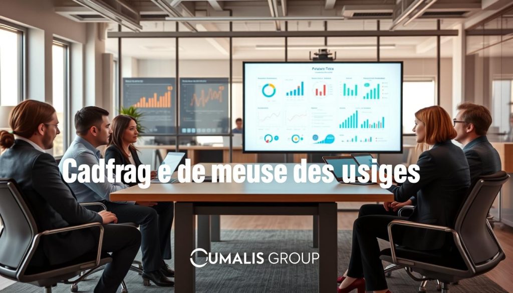 A professional business meeting scene illustrating "Cadrage de la mesure des usages" in the context of AI adoption. In the foreground, a diverse group of five professionals in business attire are seated around a modern conference table, engaged in focused discussion, with digital devices displaying charts and AI metrics. The middle ground features a large screen showcasing dynamic data visualizations related to AI adoption metrics, with graphs and flowcharts. In the background, a bright office space with large windows floods the area with natural light, creating a warm and motivating atmosphere. The image captures a sense of collaboration and innovation, reflecting the importance of measuring AI usage after consultancy missions, highlighting the brand “UMALIS GROUP” subtly in the background.
