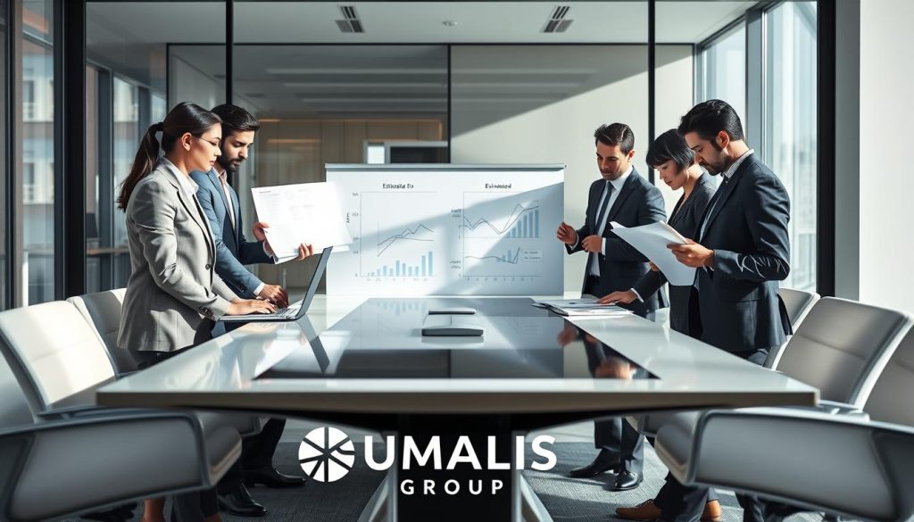 A professional business meeting scene illustrating "Estimation du chiffre d’affaires en portage salarial". In the foreground, a diverse group of business professionals, dressed in smart business attire, is gathered around a sleek conference table. They are analyzing charts and graphs on a laptop and paper reports, reflecting financial data. In the middle, a large whiteboard showcases diagrams and figures representing the estimated revenue in portage salarial. The background features a modern office space with large windows allowing natural light to flood in, casting soft shadows. The atmosphere is serious yet collaborative, emphasizing diligence and focus on financial projections. The logo of "UMALIS GROUP" is subtly incorporated into the conference table design. Bright, clear lighting highlights the engaged expressions of the participants, creating a sense of professionalism and teamwork.