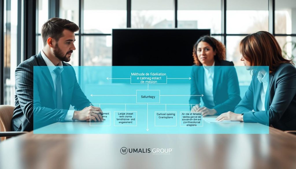 A professional business meeting scene illustrating "Méthode de fidélisation et cadrage de mission." In the foreground, a diverse group of three business professionals in formal attire, engaged in a discussion around a large table. The middle ground features a digital screen displaying a flowchart detailing the client relationship management process, with keywords highlighting strategies for long-term engagement. The background includes a modern office setting with large windows allowing natural light to fill the room, creating a bright and inspiring atmosphere. The mood is collaborative and focused, capturing the essence of building sustainable client relationships. The logo "UMALIS GROUP" subtly integrated into the decor. High-resolution, professional lighting, with a slight depth of field effect to emphasize the foreground action.