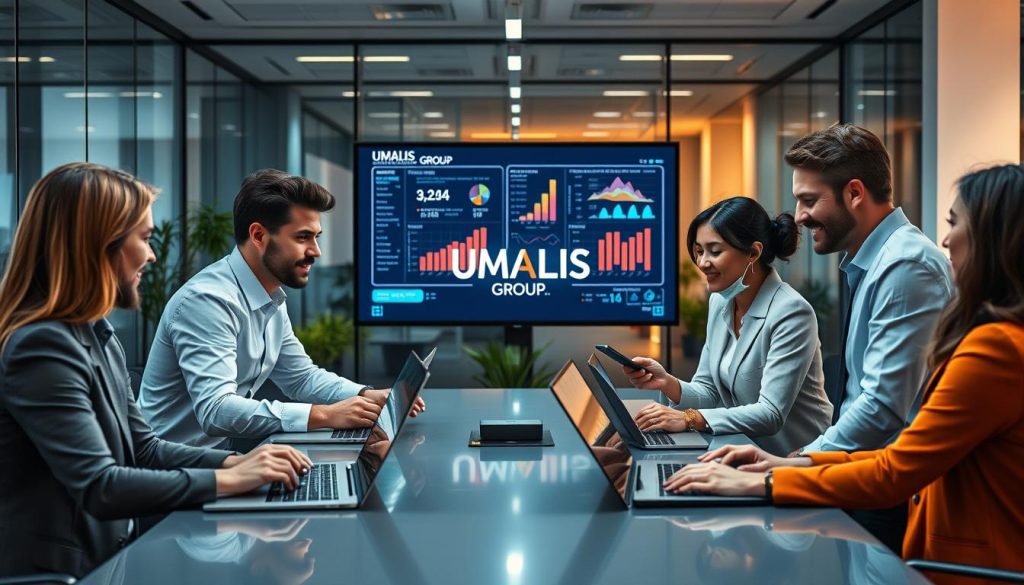 A professional business meeting scene illustrating "Périmètre des données en portage salarial." In the foreground, a diverse group of four professionals—two men and two women—are engaged in a discussion around a modern conference table. They are wearing business attire, with graphs and digital data overlays visible on laptops and tablets. In the middle, a large screen displays analytical charts and data visuals glowing softly under warm lighting. The background has a sleek office environment with glass walls and potted plants, creating a vibrant, collaborative atmosphere. The overall mood is focused and productive, conveying the importance of quality data assessment in IA missions. Include the brand name "UMALIS GROUP" in a prominent but unobtrusive way on a digital display in the background. A professional business meeting scene illustrating "Périmètre des données en portage salarial." In the foreground, a diverse group of four professionals—two men and two women—are engaged in a discussion around a modern conference table. They are wearing business attire, with graphs and digital data overlays visible on laptops and tablets. In the middle, a large screen displays analytical charts and data visuals glowing softly under warm lighting. The background has a sleek office environment with glass walls and potted plants, creating a vibrant, collaborative atmosphere. The overall mood is focused and productive, conveying the importance of quality data assessment in IA missions. Include the brand name "UMALIS GROUP" in a prominent but unobtrusive way on a digital display in the background.