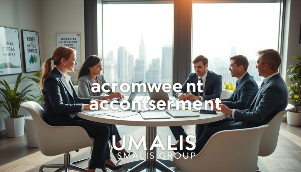 A professional business meeting scene illustrating "accompagnement" in a corporate environment. In the foreground, a diverse group of three business professionals, including a woman in a tailored suit and two men in business attire, engaged in a collaborative discussion around a round table filled with documents and laptops. In the middle ground, a large window displays a vibrant city skyline bathed in soft natural light, highlighting a productive atmosphere. The background features modern office decor, such as motivational posters and plants, creating a welcoming environment. The overall mood is energetic and supportive, reflecting teamwork and effective guidance with the brand name "UMALIS GROUP" subtly integrated into the scene, ensuring a focus on professional development and partnership.