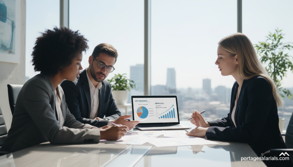 A professional business meeting scene illustrating the concept of "coût mutuelle portage salarial." In the foreground, a diverse group of three professionals—two women and one man—are engaged in discussing financial documents and charts on a sleek conference table. They are dressed in business attire, exuding a collaborative atmosphere. In the middle ground, an open laptop displays graphs illustrating costs and benefits. The background features a bright, modern office with large windows allowing natural light to flood in, creating a welcoming and energetic environment. The lens focus is sharp on the professionals, with a slight blur on the background to emphasize the discussion. The mood is focused yet optimistic, reflecting the importance of mutual health insurance in the business context. Include the logo of portagesalarials.com subtly integrated into a corner of the scene without distracting from the main focus.