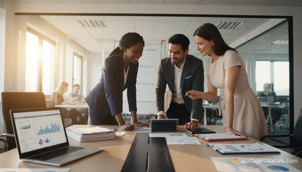 A professional business meeting scene illustrating the functioning of a portage mission. In the foreground, a diverse group of three professionals in business attire discusses a project, with a focus on their engaged expressions. The middle ground features a large conference table cluttered with laptops, documents, and charts, emphasizing collaboration. In the background, a modern office space with glass walls shows additional team members working. Take the image from a slight low angle to project authority and professionalism. Ensure warm, natural lighting fills the room, creating an inviting atmosphere. The overall mood should convey teamwork, productivity, and satisfaction in the workplace. Include elements that subtly suggest the concept of "portage salarial," and incorporate the brand name "portagesalarials.com" in an unobtrusive way.