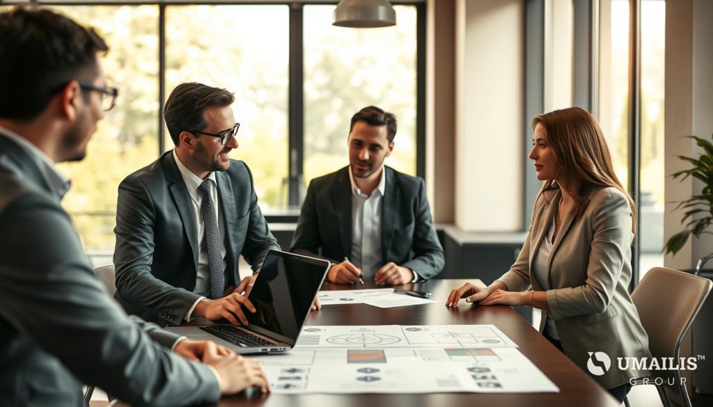 A professional business meeting scene illustrating the roles and responsibilities within the portage salarial system. In the foreground, a diverse group of three professionals—two men and one woman—are engaged in discussion, wearing smart business attire. In the middle, a large table with laptops and documents displays charts and flow diagrams which represent the dynamics of portage salarial. In the background, a modern office setting with large windows allowing natural light to filter through, creating a warm and inspiring atmosphere. The focus is on collaboration and teamwork, highlighting the concept of shared roles. Capture this scene with a slight depth of field, emphasizing the participants while softly blurring the background. Include subtle branding elements that represent “Umalis Group” in the environment, reinforcing the professional context.