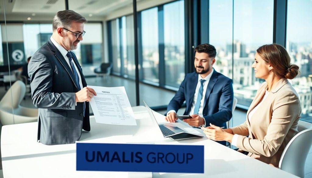 A professional business meeting scene illustrating the roles of a consultant, a portage company representative, and a client in a modern office setting. In the foreground, a well-dressed consultant, wearing a tailored suit, is presenting a document to the client, who is attentively seated across the table. The middle ground features a smartly dressed portage company representative, taking notes on a laptop. The background showcases a sleek office environment with glass windows displaying a cityscape. The lighting is bright and natural, creating an inviting atmosphere, with soft shadows enhancing the professionalism of the scene. The image subtly incorporates the brand name "UMALIS GROUP" on a visible document on the table. A professional business meeting scene illustrating the roles of a consultant, a portage company representative, and a client in a modern office setting. In the foreground, a well-dressed consultant, wearing a tailored suit, is presenting a document to the client, who is attentively seated across the table. The middle ground features a smartly dressed portage company representative, taking notes on a laptop. The background showcases a sleek office environment with glass windows displaying a cityscape. The lighting is bright and natural, creating an inviting atmosphere, with soft shadows enhancing the professionalism of the scene. The image subtly incorporates the brand name "UMALIS GROUP" on a visible document on the table.