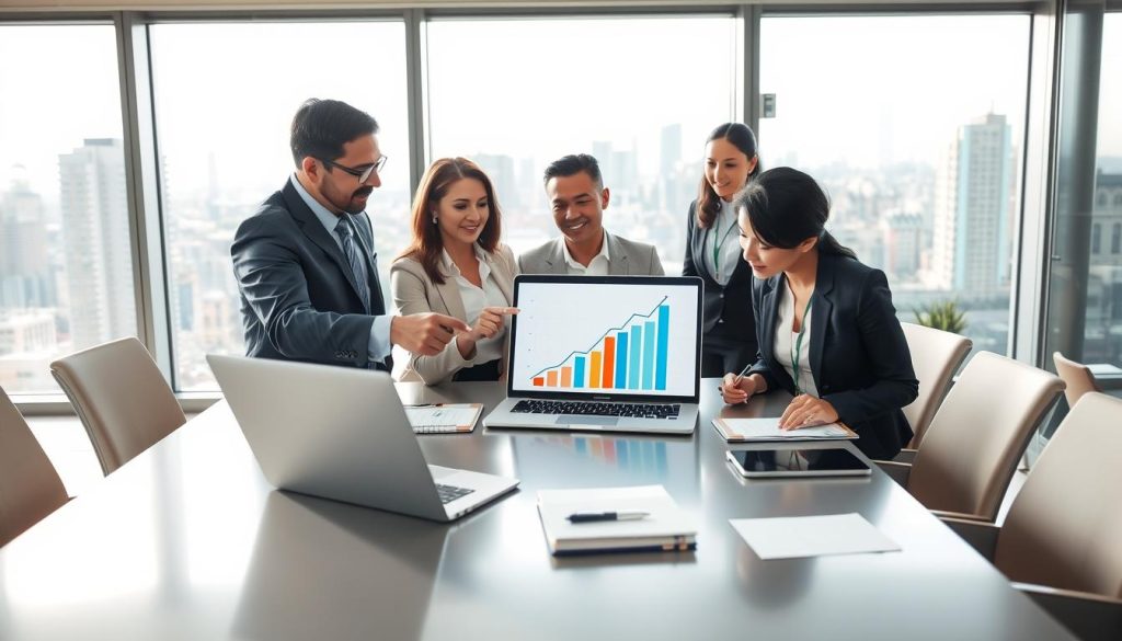 A professional business meeting scene in a bright, modern office setting. In the foreground, a diverse group of three business professionals in smart business attire—one man and two women—are engaged in a discussion, pointing at documents and a laptop displaying growth charts symbolizing career advancement. In the middle, a sleek conference table with notebooks and a laptop, suggesting productivity and collaboration. In the background, large windows let in natural light, providing a panoramic view of a bustling cityscape, symbolizing opportunities. The atmosphere is positive and focused, showcasing themes of safety and flexibility in a career. Include subtle branding elements representing "UMALIS GROUP" in the decor. Soft, warm lighting enhances a sense of security and professionalism.
