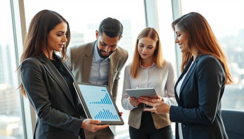 A professional business meeting scene in a modern office setting, focused on a diverse group of three professionals discussing negotiation strategies for "portage salarial" and fees. In the foreground, a confident woman in a tailored suit uses a tablet to present graphs and figures, highlighting effective negotiation tactics. In the middle, an attentive man in business casual attire leans forward, engaging with the presentation, while another woman in a smart blouse takes notes, reflecting collaboration and strategic thinking. The background features a large window with a cityscape view, soft natural light illuminating the room, conveying a focused and optimistic atmosphere. The image subtly includes the logo of "UMALIS GROUP" on the tablet’s screen, emphasizing the business context.