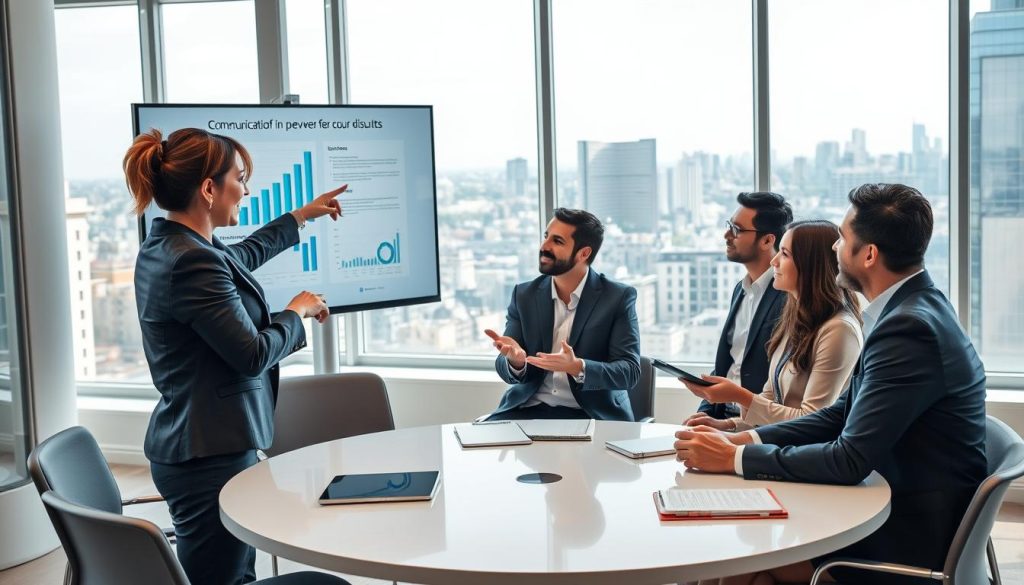 A professional business meeting scene in a modern office setting, showcasing a diverse group of individuals engaged in a discussion about communication strategies to prevent disputes in freelance contracts. In the foreground, a confident woman in professional attire points at a digital presentation screen featuring charts and infographics. In the middle, a diverse group of men and women, dressed in smart business casual clothing, are seated around a sleek, round table, actively participating in the dialogue, with notebooks and tablets visible. The background shows large windows with a cityscape view, allowing natural light to flood the room, creating a bright and optimistic atmosphere. The overall mood is collaborative, focused, and determined, emphasizing effective communication. Include subtle branding of "UMALIS GROUP" on the presentation screen.