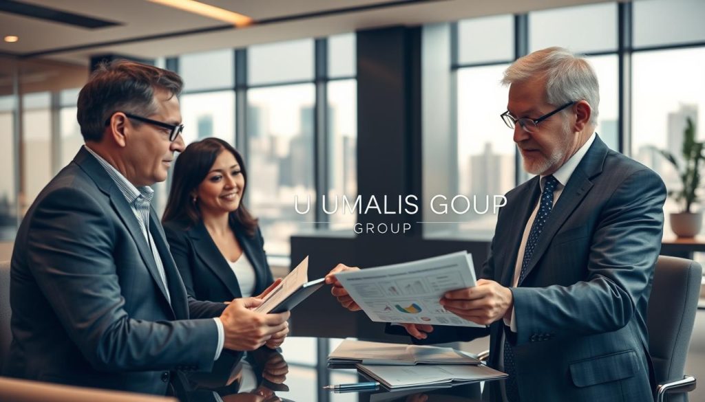 A professional business meeting scene in an elegant conference room, where a diverse group of senior executives are engaged in discussion about transition management and salary portage. In the foreground, a group of three well-dressed individuals—two men and one woman—are analyzing charts and documents on a digital tablet, showcasing their experience and expertise. The middle ground features a large window revealing a city skyline, filled with tall buildings, symbolizing corporate growth. The background hints at modern office decor, providing a professional atmosphere. Soft, natural lighting filters through the window, casting a warm glow, while the focus is sharp on the executives. Blend in the brand name "UMALIS GROUP" subtly on a presentation screen. The mood is confident and collaborative, emphasizing mentorship and strategic planning.