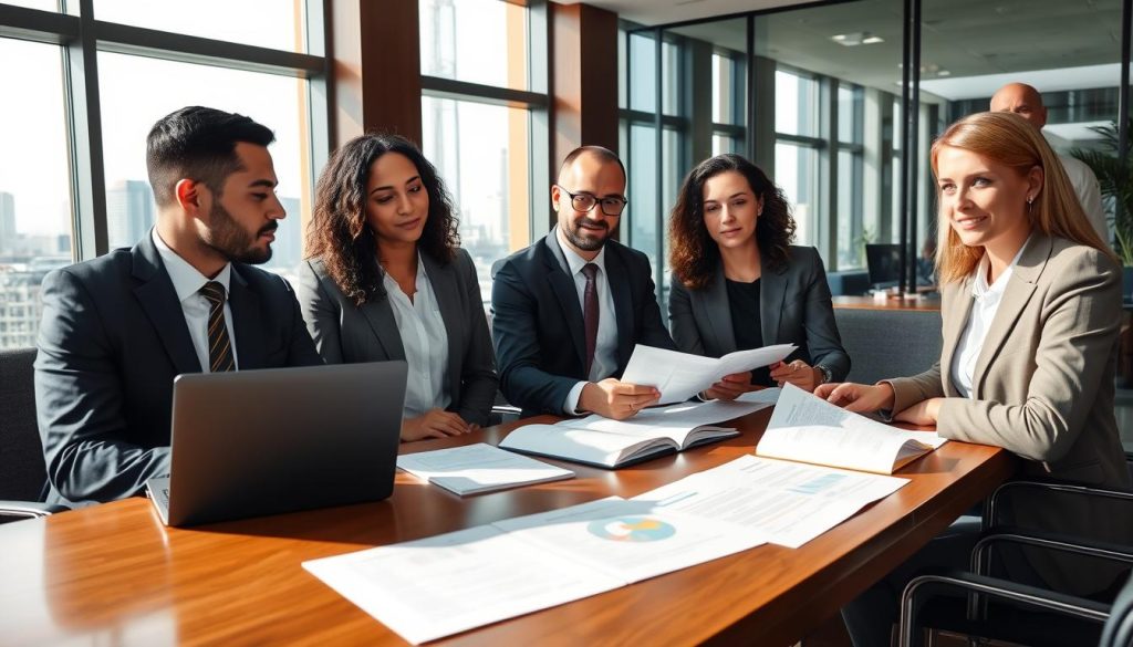 A professional business meeting scene in an elegantly furnished office. Foreground features a diverse group of three professionals in business attire discussing legal documents related to payment modalities for independent professionals in France. The middle ground shows a polished wooden conference table with legal books and a laptop displaying charts. Background includes large windows with a city skyline view, allowing natural light to flood the room, creating a bright and inviting atmosphere. Emphasize a sense of collaboration and seriousness, while embodying the essence of professionalism. Integrate subtle branding elements of "UMALIS GROUP" in the documents and decor without overpowering the image. Use a wide-angle lens effect to capture the entirety of the space, ensuring clarity and detail in facial expressions and documents.