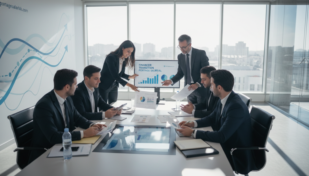 A professional business meeting scene set in a modern office environment to illustrate "financer transition portage salarial". In the foreground, a diverse group of professionals in business attire are engaged in a discussion around a table, analyzing financial charts and documents. The middle ground features a large window with natural light streaming in, illuminating the room and casting gentle shadows. In the background, abstract representations of graphs and financial growth are faintly visible, symbolizing economic success and security. The atmosphere is focused and optimistic, reflecting the theme of a successful career transition. Use a wide-angle lens for a dynamic perspective, ensuring clarity and depth. Include the brand logo "portagesalarials.com" subtly integrated into the scene.