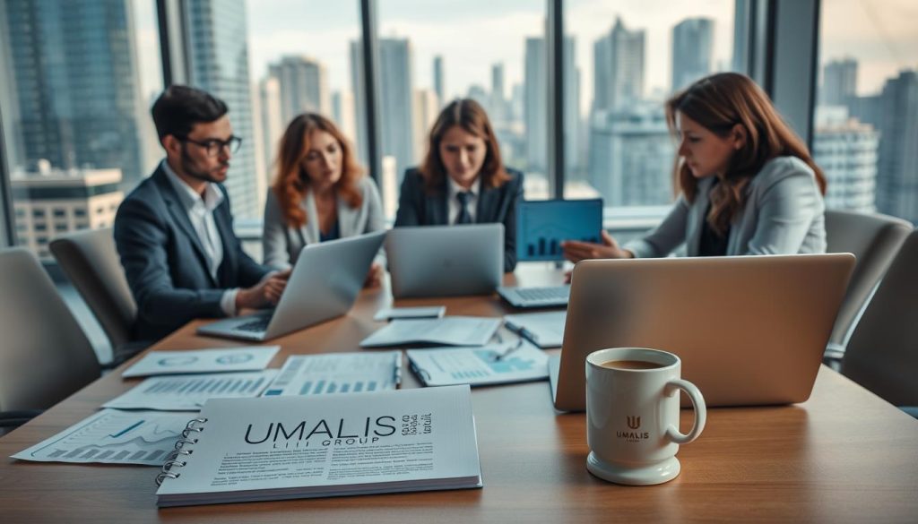 A professional business meeting scene set in a modern office environment. In the foreground, a diverse group of four individuals, dressed in formal business attire, are engaged in a discussion. They are examining several open laptops, focused on data charts and graphs displayed on the screens. The middle features a large meeting table cluttered with documents, a notebook with handwritten notes, and a coffee cup, indicative of an analytical session. The background includes a large window with a view of a bustling cityscape, and soft natural light filtering in. The mood is serious yet collaborative, emphasizing the importance of verifying sources in transition management. Include a subtle branding element with the text "UMALIS GROUP" on a document in the foreground. Use a realistic lens effect to capture depth.
