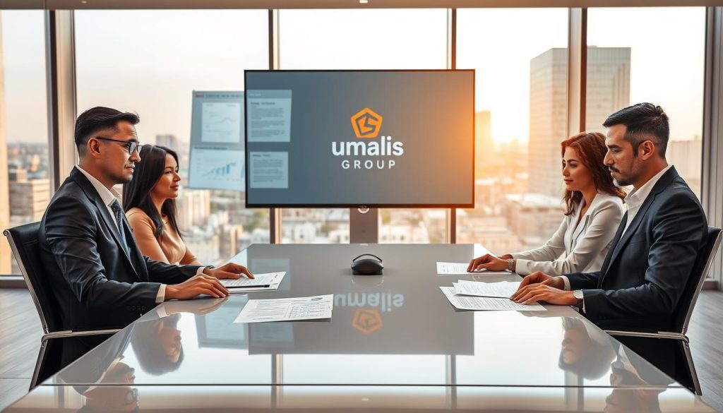 A professional business meeting scene set in a modern office to illustrate the concept of "العقد التجاري في portage salarial". In the foreground, a diverse group of three professionals, dressed in smart business attire, are seated at a sleek conference table, reviewing documents with visible graphics of contracts and business charts. The middle ground features a large monitor displaying the Umalis Group logo and digital representations of contracts. In the background, large windows with a cityscape view let in soft, natural light, adding a warm, inviting atmosphere to the scene. The mood is focused and collaborative, emphasizing professionalism and clarity in discussing business contracts and employment agreements in the context of portage salarial.