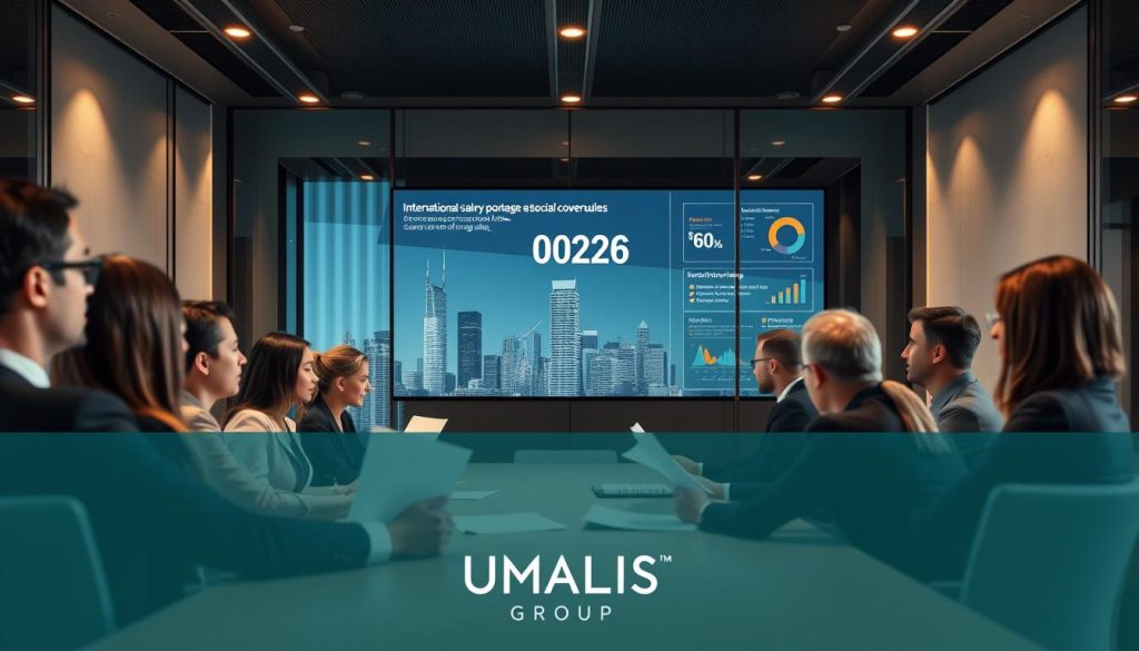 A professional business meeting scene set in a sleek, modern office environment. In the foreground, a diverse group of professionals in business attire are engaged in a discussion around a conference table, analyzing documents related to international salary portage and social coverage rules. The middle ground features a large window displaying a city skyline, symbolizing global reach. In the background, infographics and charts on a digital screen illustrate relevant regulations, with a clear emphasis on the date October 6, 2026. Soft, natural lighting flows through the room, enhancing a serious yet collaborative atmosphere. The ambiance underscores the importance of compliance and careful planning, with the logo "UMALIS GROUP" subtly integrated into the design elements, ensuring a polished and professional look.