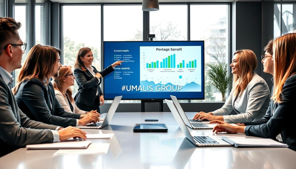A professional business meeting scene showcasing a consultant discussing a project with a client. The foreground features a diverse group of individuals in business attire, sitting around a sleek conference table, with laptops and documents spread out. The consultant, a middle-aged woman, confidently points at a digital presentation highlighting the benefits of portage salarial. In the middle, a large screen displays graphs and charts illustrating compatibility between client needs and the portage salarial model, with the brand name "UMALIS GROUP" prominently featured. The background reveals a modern office environment with large windows allowing natural light to brighten the room, enhancing the atmosphere of collaboration and professionalism. The overall mood is focused and optimistic, with everyone engaged in the discussion.