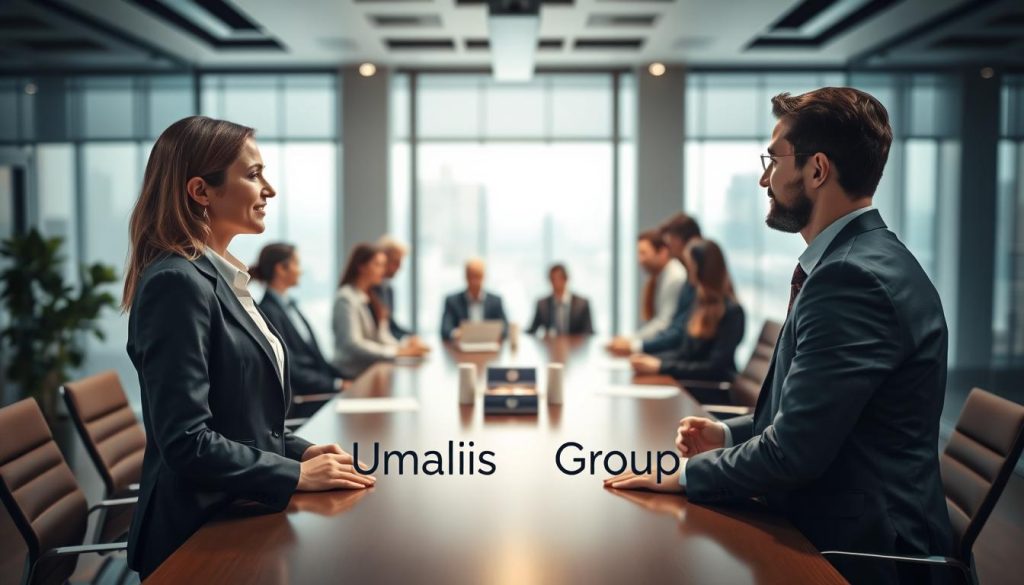 A professional business meeting scene showcasing personalized support in a modern office environment, featuring a diverse group of individuals discussing collaboration. In the foreground, a female consultant in a smart business suit is providing guidance to a male entrepreneur, both appearing engaged and focused. In the middle ground, a large conference table is surrounded by more professionals, each representing different expertise, all dressed in business attire. The background reveals a sleek office space with large windows allowing natural light to flood the room, enhancing the atmosphere of professionalism and cooperation. Soft, warm lighting creates a welcoming mood. Include digital logos of "Umalis Group" subtly on the conference table, ensuring they do not dominate the scene. Emphasize a confident and productive environment, ideal for fostering expert networks.