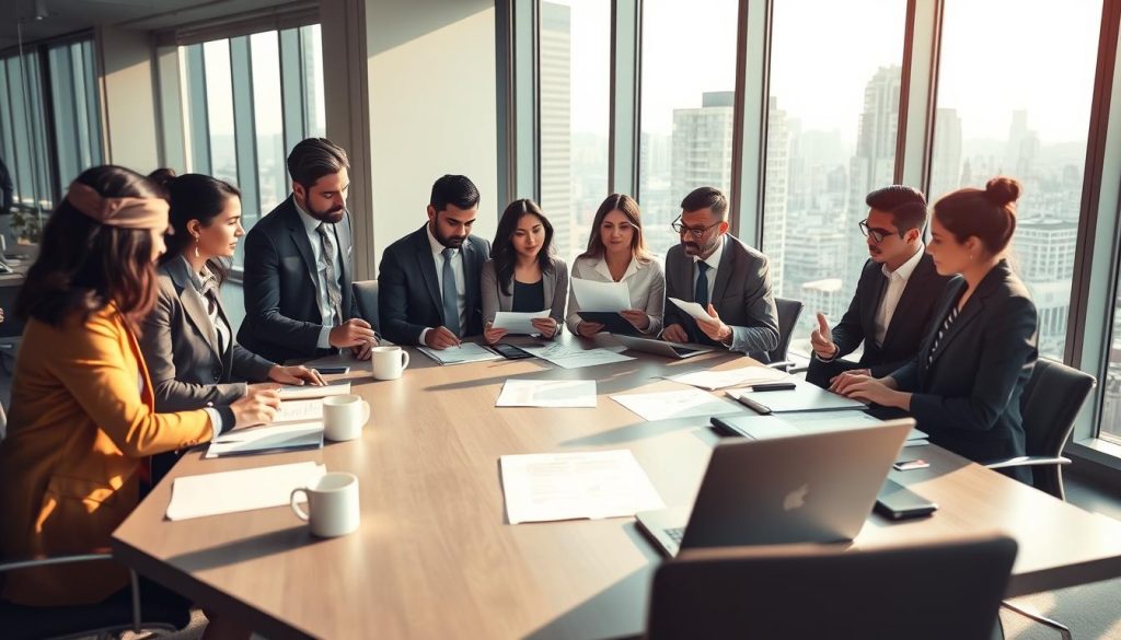 A professional business meeting scene showcasing the "Critères pour exercer portage salarial". In the foreground, a diverse group of individuals in smart business attire discuss and analyze documents, representing criteria and prerequisites for portage salarial. The middle ground features a large, modern conference table with papers, laptops, and coffee cups, creating an engaged atmosphere. In the background, a large window reveals a bustling cityscape, symbolizing the dynamic business environment. Soft, natural lighting streams in, casting gentle shadows that enhance the professionalism of the setting. The image conveys a sense of collaboration and clarity, with a focus on the essential elements of portage salarial. Include the brand name "UMALIS GROUP" subtly on a document or presentation screen within the scene.