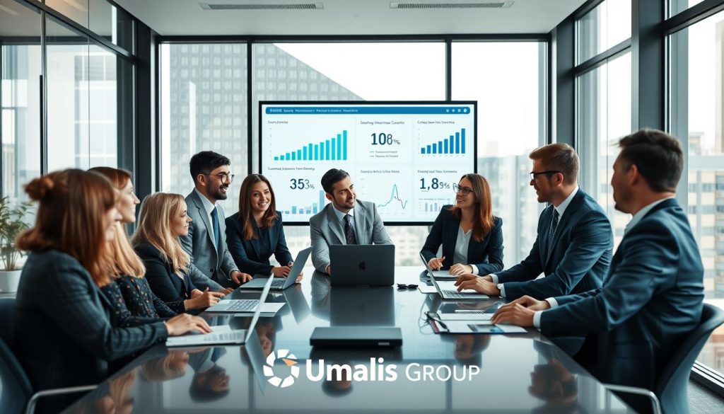 A professional business meeting scene showcasing the advantages of portage salarial for consultants and companies. In the foreground, a diverse group of consultants, dressed in smart business attire, are engaged in an animated discussion around a sleek conference table, surrounded by laptops and documents. In the middle ground, a large screen displays charts and graphs illustrating financial benefits and productivity. The background features a modern office with large windows, allowing natural light to illuminate the space, creating a bright and inviting atmosphere. The mood is collaborative and innovative, emphasizing teamwork and success. Include the logo of "Umalis Group" subtly integrated into the design. The perspective is slightly elevated, providing a comprehensive view of the dynamic environment. A professional business meeting scene showcasing the advantages of portage salarial for consultants and companies. In the foreground, a diverse group of consultants, dressed in smart business attire, are engaged in an animated discussion around a sleek conference table, surrounded by laptops and documents. In the middle ground, a large screen displays charts and graphs illustrating financial benefits and productivity. The background features a modern office with large windows, allowing natural light to illuminate the space, creating a bright and inviting atmosphere. The mood is collaborative and innovative, emphasizing teamwork and success. Include the logo of "Umalis Group" subtly integrated into the design. The perspective is slightly elevated, providing a comprehensive view of the dynamic environment.