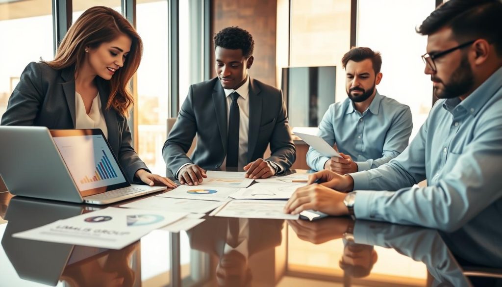 A professional business meeting scene with a diverse group of three business professionals analyzing documents and charts. In the foreground, a woman in a sleek blazer is pointing to a chart on a laptop screen, while a man in a smart suit takes notes. A second man in a light blue shirt watches attentively. The middle scene features a glossy conference table surrounded by charts and papers. In the background, large windows let in warm, natural light that enhances the atmosphere of collaboration and focus. The image reflects a sense of urgency and determination as they assess end-of-year management needs without making promises. The logo of "UMALIS GROUP" is subtly included on a document on the table. The overall mood is one of professionalism and strategic thinking.