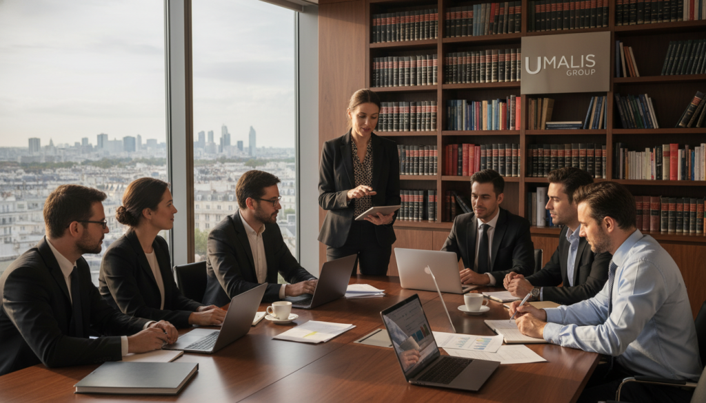 A professional business meeting set in a modern office, depicting a diverse group of individuals in professional attire engaged in a discussion about legal frameworks related to "portage salarial" in France. In the foreground, a confident woman gestures as she presents documents outlining relevant regulations, while a man takes notes, both framed by a large conference table with laptops and papers. The middle ground features a large window revealing a city skyline, bathed in natural sunlight that casts a warm glow across the room. In the background, a sleek bookshelf lined with legal books and a logo of "Umalis Group" subtly integrated into the office decor. The mood is focused and collaborative, emphasizing professionalism and strategic planning. No text or annotations included.