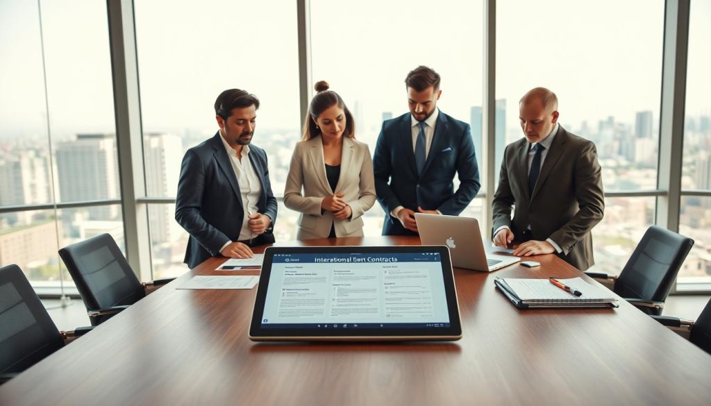 A professional business meeting set in a modern office environment, showcasing the concept of "international portage salarial." In the foreground, a diverse group of three professionals, one woman and two men, dressed in smart, professional attire, are engaged in discussion over a digital tablet displaying international client contracts. The middle ground features an elegant wooden conference table with papers and laptops, while large windows in the background offer a panoramic city view, suggesting a global perspective. Soft, natural lighting floods the room, creating a warm and inviting atmosphere, emphasizing collaboration and innovation. Include subtle branding elements related to "UMALIS GROUP" subtly integrated into the decor. The image should evoke a sense of professionalism, clarity, and international connectivity.