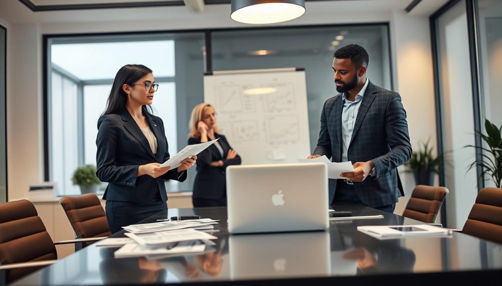 A professional business meeting setting, featuring a diverse group of four individuals discussing potential client relationships, showcasing expertise and service offerings. In the foreground, a confident woman in a tailored navy suit is presenting documents, while a thoughtful man in a charcoal blazer takes notes. The middle ground displays a laptop and various reports on a sleek conference table, with a whiteboard filled with diagrams behind them. In the background, modern office decor with a large window providing soft, natural light brings a warm ambiance. The atmosphere conveys collaboration and professionalism, capturing the essence of potential client prospecting. Include a subtle logo of "UMALIS GROUP" on the conference table to enhance brand recognition.
