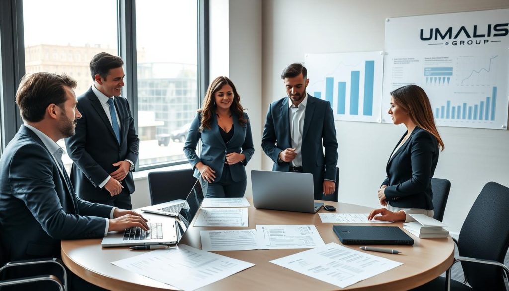 A professional business meeting setting featuring two men and two women discussing "Convention Collective Portage." The foreground captures a round table with laptops and documents detailing contractual agreements and billing thresholds. In the middle, the characters are engaged in a lively discussion, dressed in smart business attire, exuding focus and determination. The background showcases a modern office space with large windows, allowing soft, natural light to illuminate the scene and create a bright, focused atmosphere. Delicate charts and graphs can be seen on the walls, emphasizing analysis and strategy related to salary portage. The overall mood conveys collaboration and professionalism, with a sleek, contemporary design reflecting the brand "UMALIS GROUP."