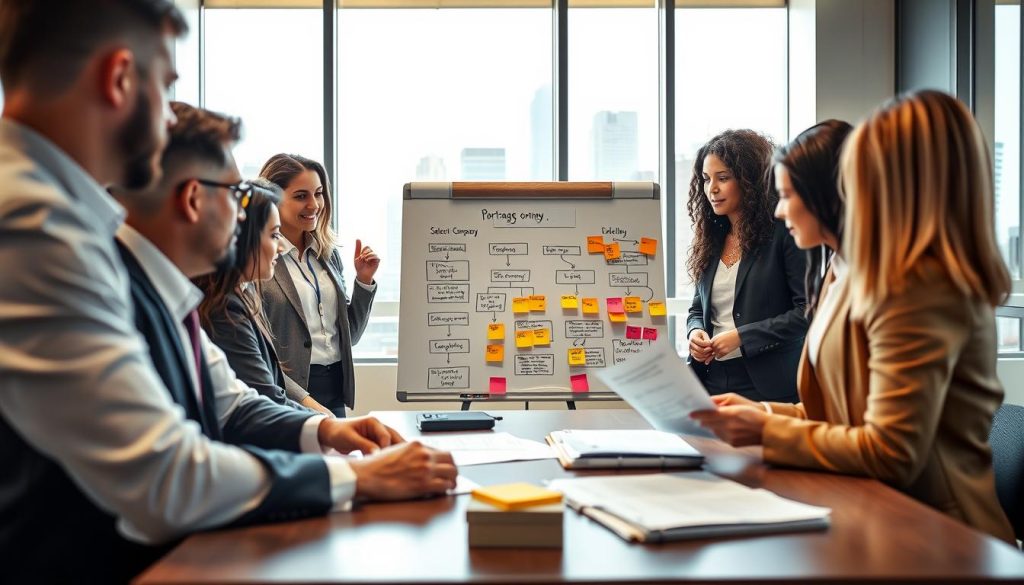 A professional business meeting setting in a modern office environment, showcasing a group of diverse professionals engaged in a discussion about selecting a portage company. In the foreground, two professionals, a man and a woman, are reviewing documents on a table, dressed in sharp business attire. In the middle ground, a whiteboard displays flowcharts and criteria for choosing a company, surrounded by sticky notes. The background shows a large window with a city skyline view, allowing bright, natural light to fill the room. The atmosphere is collaborative and focused, with a warm color palette and soft shadows to enhance the inviting feel of the space. A wide-angle shot captures the scene from a slight upward angle, emphasizing teamwork and professionalism. A professional business meeting setting in a modern office environment, showcasing a group of diverse professionals engaged in a discussion about selecting a portage company. In the foreground, two professionals, a man and a woman, are reviewing documents on a table, dressed in sharp business attire. In the middle ground, a whiteboard displays flowcharts and criteria for choosing a company, surrounded by sticky notes. The background shows a large window with a city skyline view, allowing bright, natural light to fill the room. The atmosphere is collaborative and focused, with a warm color palette and soft shadows to enhance the inviting feel of the space. A wide-angle shot captures the scene from a slight upward angle, emphasizing teamwork and professionalism.