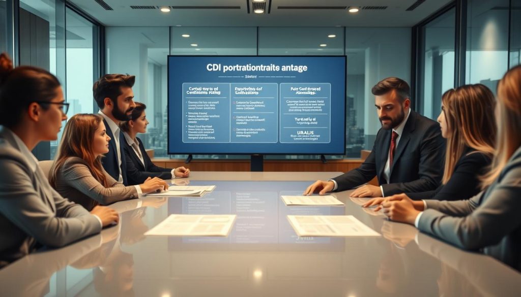 A professional business meeting setting with a diverse group of individuals discussing a "CDI portage salarial" contract. In the foreground, two business professionals, one man and one woman, are reviewing documents on a sleek conference table, both dressed in formal business attire. The middle ground features a large digital screen displaying a visual representation of contractual conditions and advantages, along with the brand name "UMALIS GROUP" prominently featured. The background shows modern office decor with soft lighting, glass partitions, and a cityscape view through large windows. The mood is focused and collaborative, emphasizing professionalism and clarity in contractual discussions. The image captures the essence of a corporate environment where important employment agreements are being shaped.