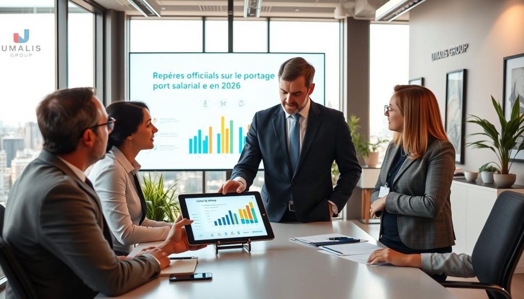A professional business meeting taking place in a bright, modern office filled with large windows, showcasing a city skyline. In the foreground, a diverse group of three professionals—two men and one woman—dressed in smart business attire, are engaged in a discussion. The woman is pointing at a digital tablet displaying graphs and charts, symbolizing the official guidelines for the portage salarial in 2026. In the middle ground, a large screen projects a vibrant infographic titled "Repères officiels sur le portage salarial en 2026." The background features contemporary office decor with potted plants and artwork, creating a productive atmosphere. The lighting is warm and inviting, highlighting the focus on collaboration and innovation. The logo "UMALIS GROUP" is subtly placed on a wall.