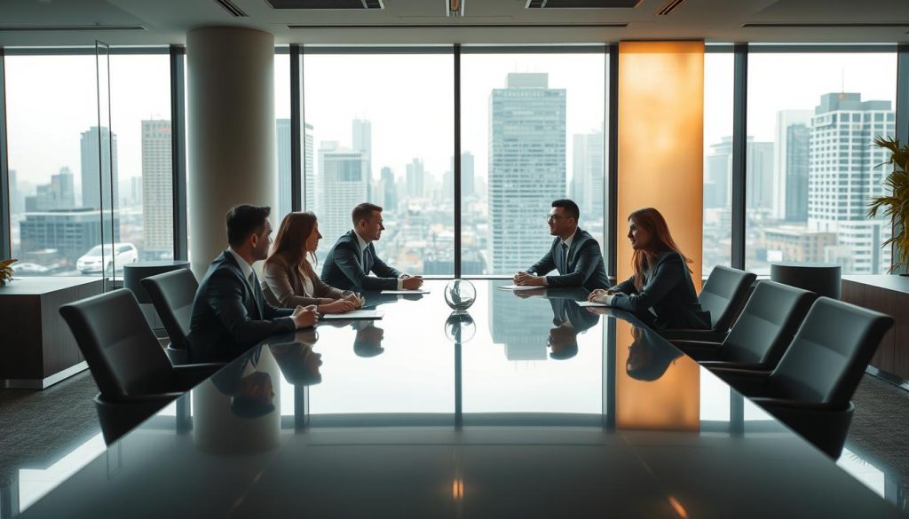 A professional business meeting taking place in a contemporary office setting. In the foreground, a group of people in formal attire are seated around a polished conference table, engaged in discussion. The middle ground features sleek, minimalist furniture and decor, creating a sense of modern sophistication. In the background, large windows offer a view of a bustling cityscape, bathed in warm, diffused lighting. The overall atmosphere conveys a mood of productivity, collaboration, and the Umalis Group's commitment to excellence in providing "portage salarial" services to regulated professions.