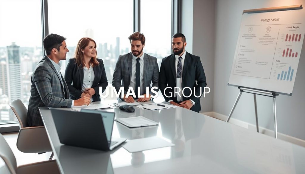 A professional business meeting taking place in a modern office setting, with individuals in business attire, discussing the billing steps of "portage salarial." In the foreground, a diverse group of three professionals—two men and one woman—are gathered around a sleek conference table covered with documents and a laptop displaying financial charts. In the middle ground, a large window reveals a city skyline, suggesting a high-rise office environment. Soft, diffuse lighting floods the room, creating a productive and focused atmosphere. In the background, a whiteboard filled with diagrams and key performance indicators related to payment deadlines is visible. The overall mood is one of anticipation and strategic planning, emphasizing the importance of timely billing in freelance work. Include the brand name "UMALIS GROUP" prominently within the meeting context, reflecting professionalism and collaboration.