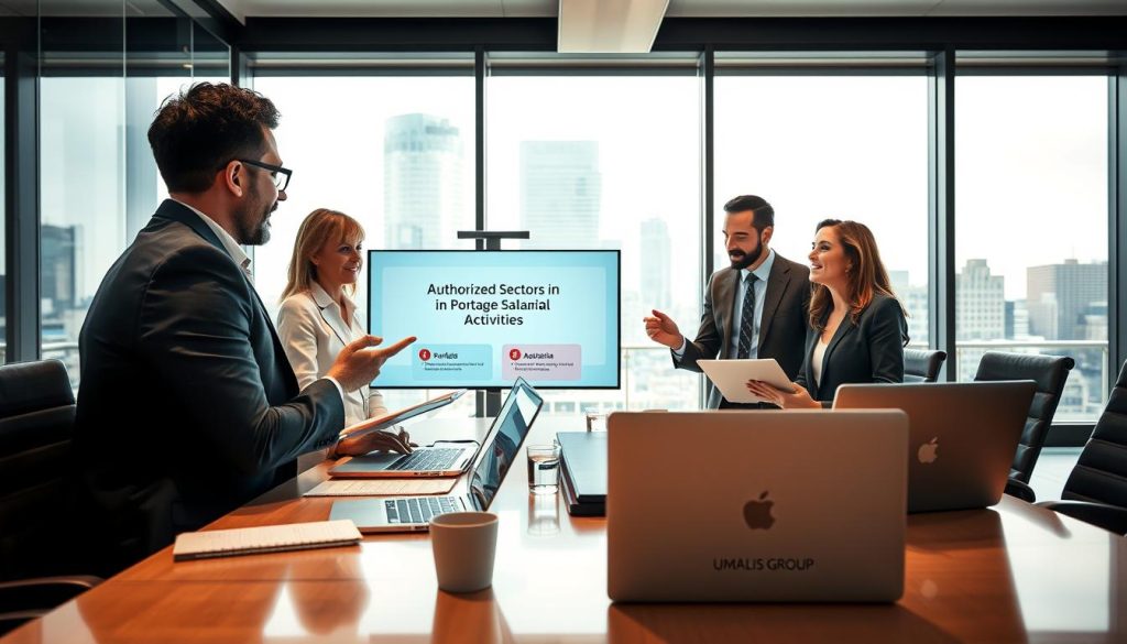 A professional business meeting taking place in a sleek, modern office environment. In the foreground, a diverse group of three individuals in business attire are engaged in an animated discussion, analyzing documents and laptops. One person is gesturing towards a presentation on a digital screen displaying the text "Authorized Sectors in Portage Salarial" and "Prohibited Activities". The middle ground shows a stylish conference table adorned with laptops, notepads, and coffee cups. The background reveals large windows with a view of a bustling city skyline, letting in warm, natural light. The atmosphere is dynamic and collaborative, emphasizing professionalism and teamwork. The UMALIS GROUP logo is subtly visible on a laptop. Use a wide-angle lens for a comprehensive view, ensuring clarity and focus on the expressions and interactions of the individuals. A professional business meeting taking place in a sleek, modern office environment. In the foreground, a diverse group of three individuals in business attire are engaged in an animated discussion, analyzing documents and laptops. One person is gesturing towards a presentation on a digital screen displaying the text "Authorized Sectors in Portage Salarial" and "Prohibited Activities". The middle ground shows a stylish conference table adorned with laptops, notepads, and coffee cups. The background reveals large windows with a view of a bustling city skyline, letting in warm, natural light. The atmosphere is dynamic and collaborative, emphasizing professionalism and teamwork. The UMALIS GROUP logo is subtly visible on a laptop. Use a wide-angle lens for a comprehensive view, ensuring clarity and focus on the expressions and interactions of the individuals.