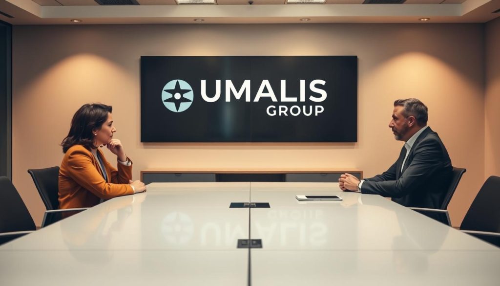 A professional business negotiation scene set in a modern office. In the foreground, two individuals sit across a sleek conference table, engaged in a discussion about TJM (taux journalier moyen) and salarial portage conditions. The negotiators' expressions convey seriousness and focus. Behind them, the UMALIS GROUP logo is prominently displayed on the wall, suggesting the context of the discussion. The lighting is warm and muted, creating a contemplative atmosphere. The overall composition emphasizes the importance of the negotiation process, with clean lines and a minimalist aesthetic to allow the subject matter to take center stage.