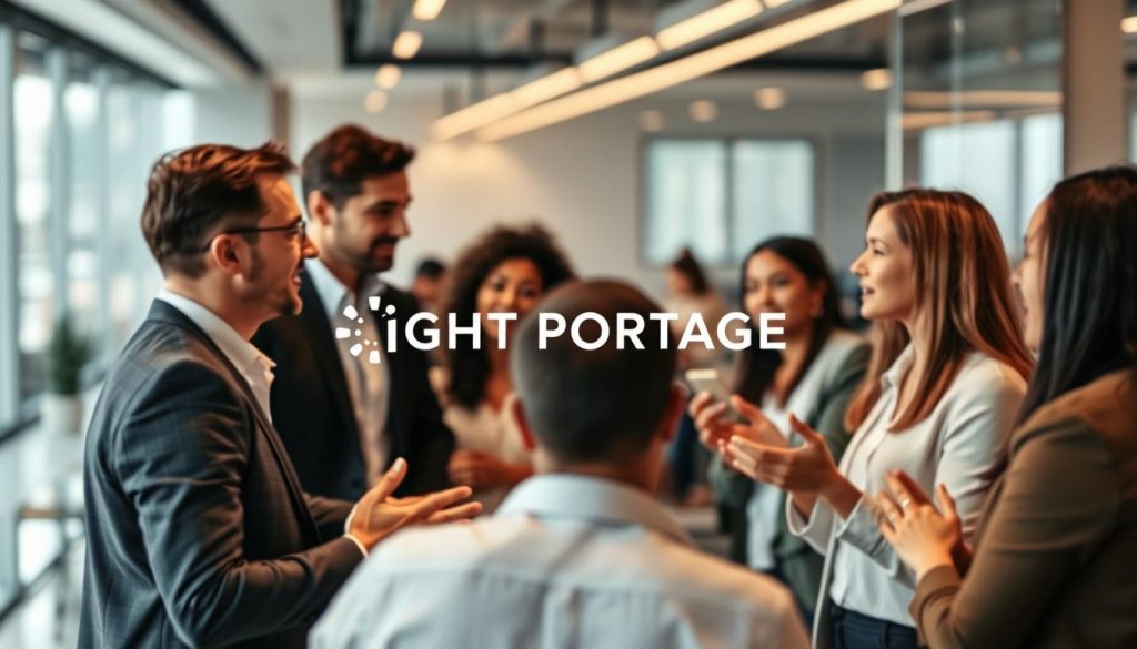 A professional business network, a dynamic web of connections, relationships, and opportunities. In the foreground, a diverse group of individuals engaged in conversation, their expressions animated, hands gesturing. The LIGHT PORTAGE logo prominently displayed, representing the platform that facilitates these valuable interactions. In the middle ground, a sleek, modern office setting, clean lines, and subtle lighting, creating a sense of productivity and collaboration. The background blurs, suggesting the vast expanse of the professional world, a world of possibilities waiting to be explored. Warm tones and a sense of motion convey the energy and vitality of a thriving professional network.