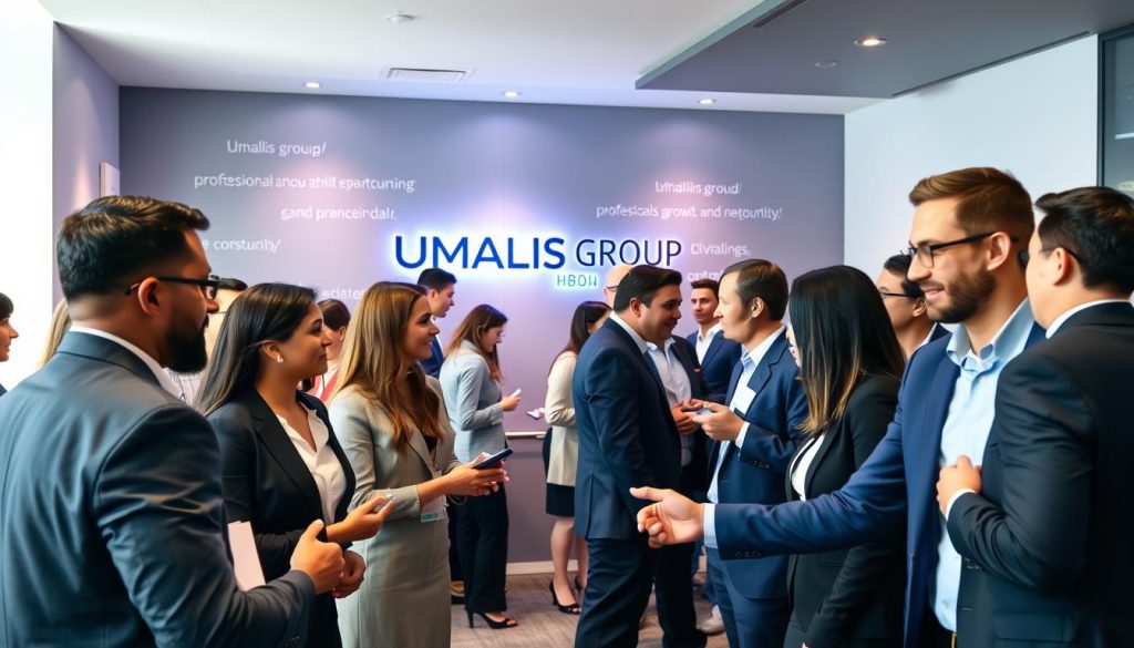 A professional business networking event in a modern, well-lit office setting. In the foreground, a group of smartly dressed individuals shake hands and exchange business cards. The middle ground features people engaged in lively discussions, some taking notes. In the background, a large UMALIS GROUP logo is prominently displayed on the wall, along with motivational phrases about professional growth and networking. The overall atmosphere is one of productivity, collaboration, and a sense of opportunity. Soft, directional lighting casts a warm glow, creating a professional yet approachable ambiance.