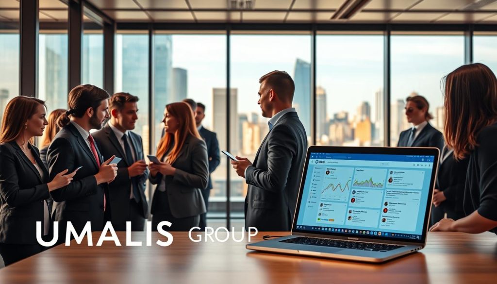 A professional business networking scene illustrating the effective use of LinkedIn for client relationship building. In the foreground, a diverse group of professionals dressed in smart business attire are engaged in a conversation, sharing ideas and exchanging business cards. In the middle ground, a laptop displays the LinkedIn interface with vibrant graphs and connection notifications, symbolizing digital networking. The background features a sleek, modern office environment with large windows showcasing a bustling city skyline, bathed in warm, natural light. The atmosphere is collaborative and dynamic, emphasizing the importance of social media in building a strong client network. The brand name "UMALIS GROUP" is subtly integrated into the scene, enhancing the professional context. Use a wide-angle lens to capture the entire scene, highlighting both human interaction and technology. A professional business networking scene illustrating the effective use of LinkedIn for client relationship building. In the foreground, a diverse group of professionals dressed in smart business attire are engaged in a conversation, sharing ideas and exchanging business cards. In the middle ground, a laptop displays the LinkedIn interface with vibrant graphs and connection notifications, symbolizing digital networking. The background features a sleek, modern office environment with large windows showcasing a bustling city skyline, bathed in warm, natural light. The atmosphere is collaborative and dynamic, emphasizing the importance of social media in building a strong client network. The brand name "UMALIS GROUP" is subtly integrated into the scene, enhancing the professional context. Use a wide-angle lens to capture the entire scene, highlighting both human interaction and technology.