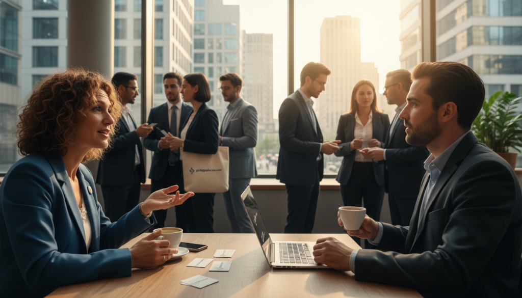 A professional business networking scene in an urban café, showcasing a diverse group of individuals in smart attire engaging in meaningful discussions. In the foreground, a middle-aged woman is animatedly sharing ideas with a young man, both holding coffee cups, while a laptop and business cards are visible on the table between them. In the middle ground, other professionals are seen networking and exchanging contacts, with a backdrop of modern architecture through large café windows, bathed in warm, inviting natural light. The atmosphere is energetic and collaborative, emphasizing the importance of developing effective networking strategies in a professional setting. Include subtle branding elements related to portagesalarials.com to reinforce networking and business growth themes.