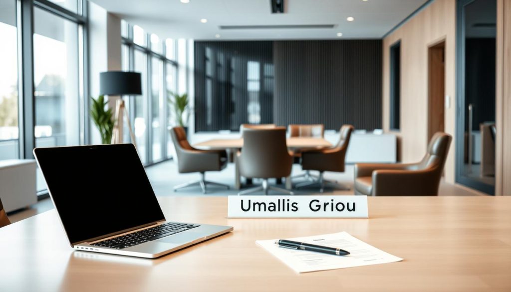 A professional business office interior with modern, minimalist decor. In the foreground, a large desk with a laptop, pen, and papers arranged neatly. On the desk, a sleek nameplate displays the "Umalis Group" brand. The middle ground features comfortable leather chairs and a conference table, conveying a sense of collaboration and discussion. The background showcases floor-to-ceiling windows, allowing natural light to flood the space and creating a warm, inviting atmosphere. The overall mood is one of professionalism, security, and attention to detail, reflecting the "garanties responsabilité civile professionnelle" concept.