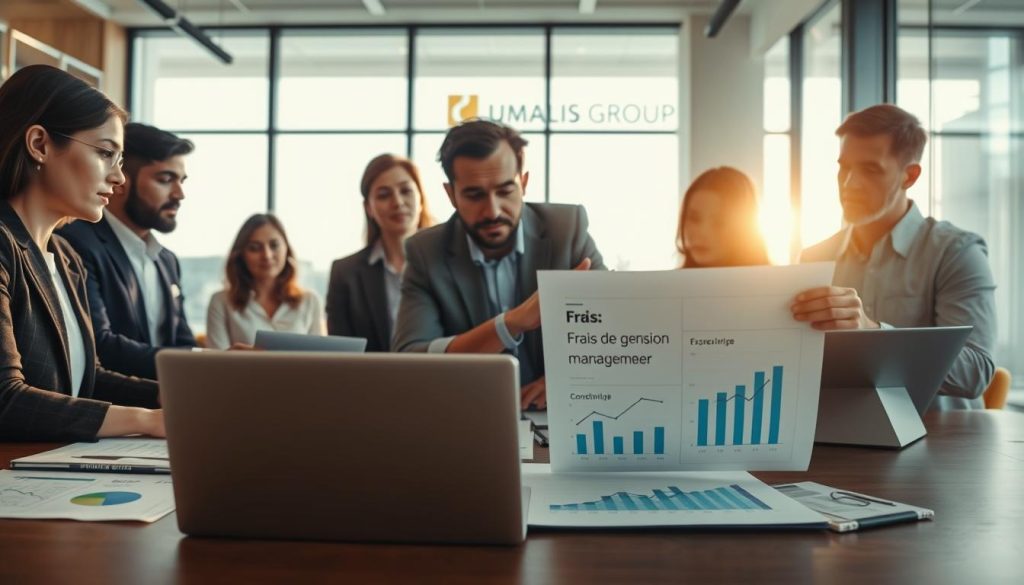 A professional business office setting, featuring a diverse group of employees analyzing financial documents and discussing management fees with focused expressions. In the foreground, a neatly organized table with charts, spreadsheets, and a laptop displaying graphs. The middle ground includes colleagues engaged in conversation, one pointing at a document that highlights "Frais de gestion." The background showcases a modern office interior with large windows letting in soft, natural light, enhancing a sense of transparency and openness. The atmosphere is serious yet collaborative, emphasizing professionalism and clarity in financial dealings. The brand name "UMALIS GROUP" subtly integrated into the office decor. Use a wide-angle lens to capture the entire scene, ensuring crisp details and a warm color palette. A professional business office setting, featuring a diverse group of employees analyzing financial documents and discussing management fees with focused expressions. In the foreground, a neatly organized table with charts, spreadsheets, and a laptop displaying graphs. The middle ground includes colleagues engaged in conversation, one pointing at a document that highlights "Frais de gestion." The background showcases a modern office interior with large windows letting in soft, natural light, enhancing a sense of transparency and openness. The atmosphere is serious yet collaborative, emphasizing professionalism and clarity in financial dealings. The brand name "UMALIS GROUP" subtly integrated into the office decor. Use a wide-angle lens to capture the entire scene, ensuring crisp details and a warm color palette.