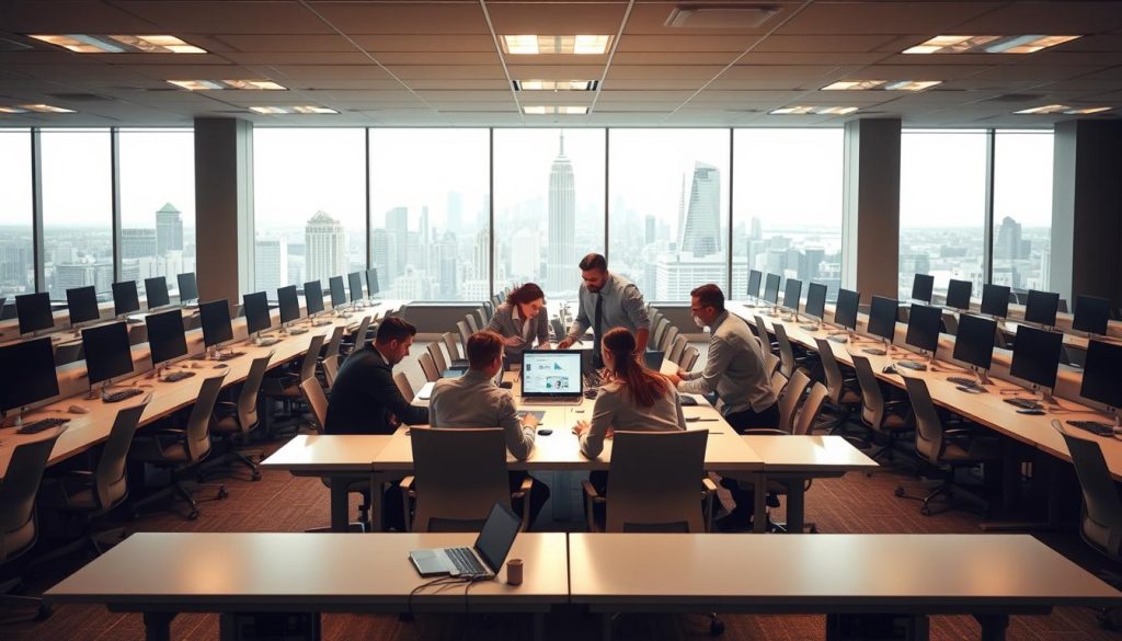 A professional business office with rows of modern, minimalist desks and chairs. Soft, indirect lighting from overhead fixtures creates a warm, productive atmosphere. In the foreground, a group of workers collaborating around a central table, discussing documents and laptop screens. In the background, a large window overlooking a bustling city skyline. The scene conveys the efficient, flexible nature of the "portage salarial" employment model, where independent professionals work together in a shared workspace. The composition highlights the collaborative, technology-driven aspects of this modern work arrangement.